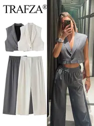 TRAFZA Female Set Turn-Down Collar Sleeveless Pockets Single Button Tops+High Waist Wide Leg Pant Autumn Suit Woman 2024 Trendy