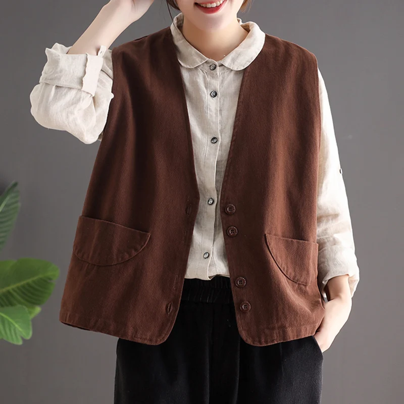 Chaleco de algodón completo vintage de primavera, camiseta sin mangas artística de talla grande para mujer, chaleco de color con un solo botón de talla grande, ort J...