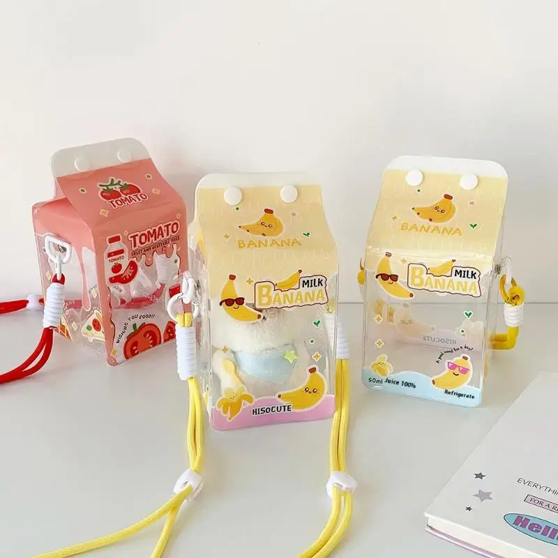 Saco de brinquedos de caixa de leite fofo - Vitrine de crachá transparente |   Mini caixa de armazenamento de boneca com cordão, acessório decorativo de passeio