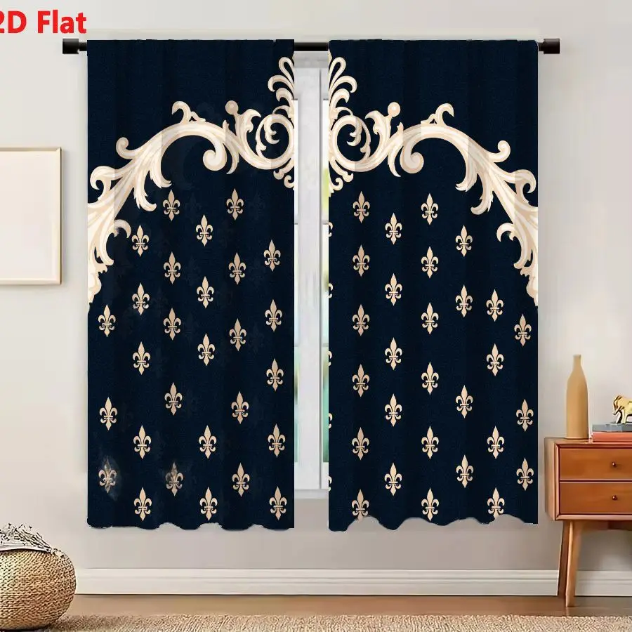 2Pcs Curtains Add 2D Flat Decorative Baroque Crest With Fleur De Lis Pattern On Navy Blue Background Window Drapes for Bedroom R