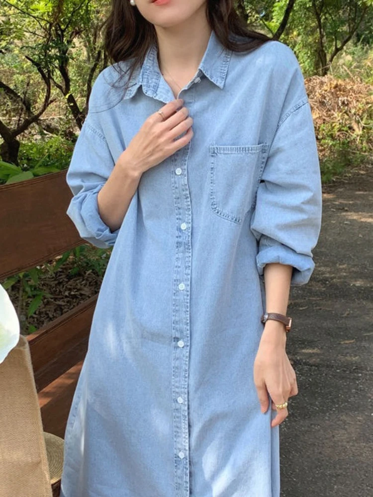 New in Spring Summer Women Casual Shirt Dress Loose Long Sleeve Cardigan Dress Korea Ladies POLO Collar Denim Shirt Long Dresses