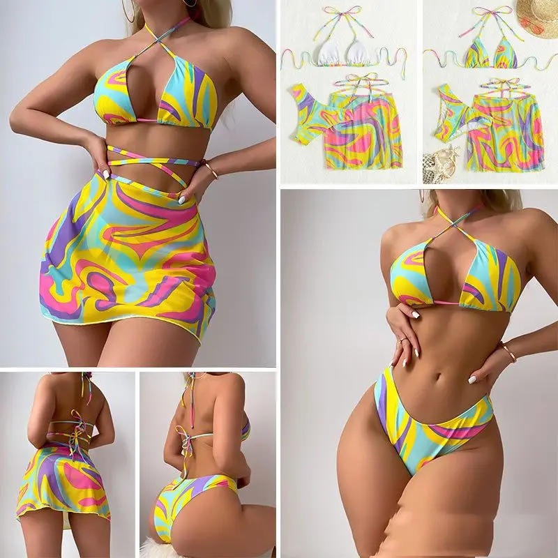 Hot Lady Sexy Print 3 Piece High Waist Skirt Bikini Set Swimwear Women 2024 Strapped Push UP Swimsuit Cool Rainbow Bathing Suit