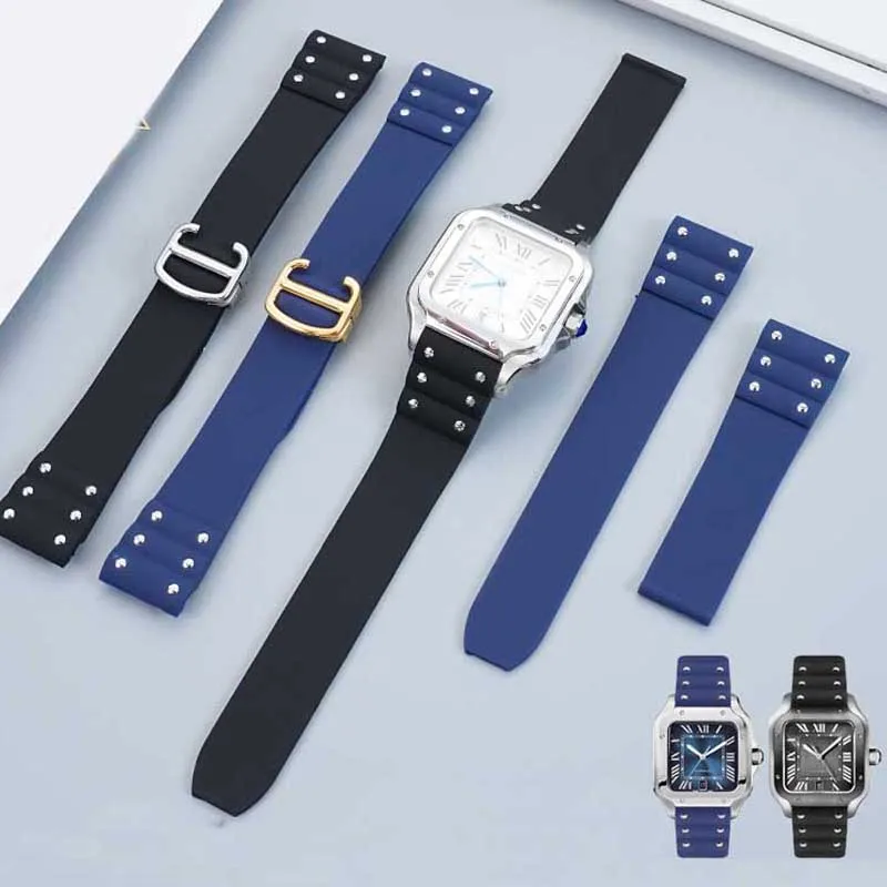 

21mm black blue wristband For Cartier Santos strap Silicone bracelet High quality Rubber watchband for Waterproof rubber band
