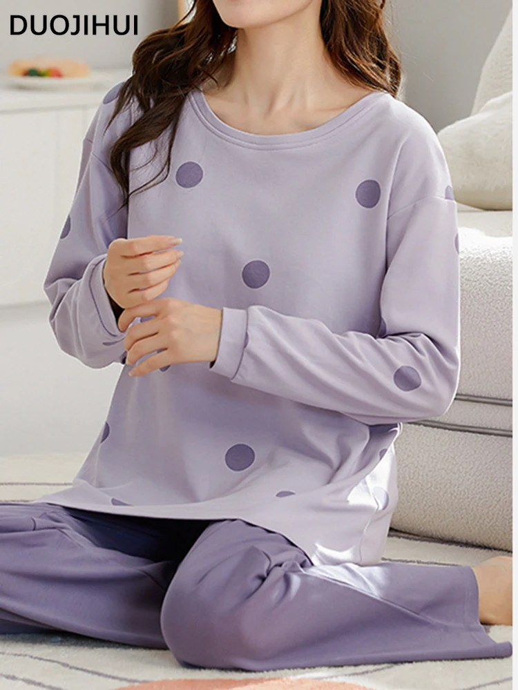 DUOJIHUI New Fashion Retro Women's Pajamas Two Piece Set Korean Casual with Chest Pads Lady Versatile Pullover Home Clothing