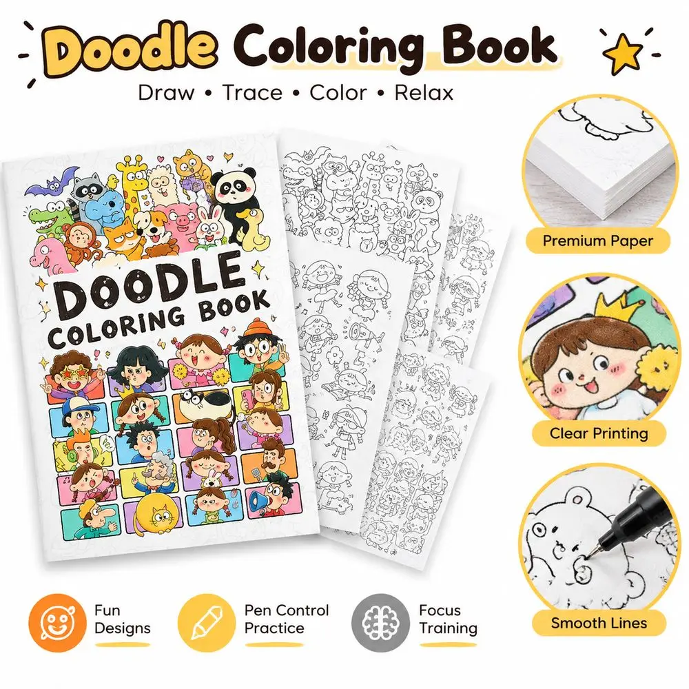 Cute Cartoon Doodle Workbook Expression Creative Doodling Sketch Tracing Book Line Art Pen Control Training Sticker Gift Set