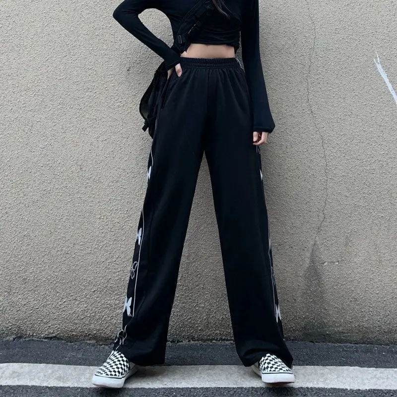 Harajuku Butterfly Printing Straight Trousers Spring Summer All-match Pockets Black Loose Higt Waist Women Wide Leg Pants Trend