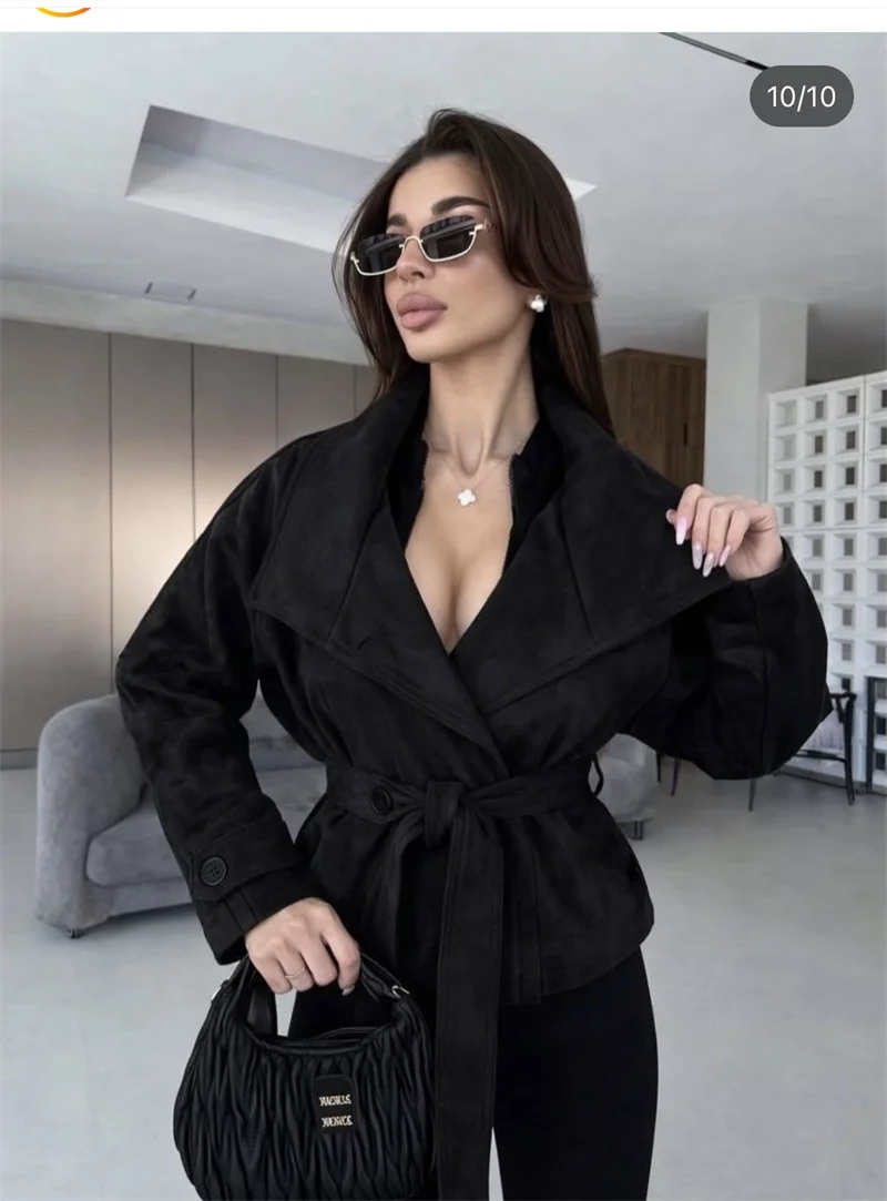 Guobioziy Women's Jacket 2026 Early Autumn New Fashion Suede Texture with Belt Closure Stand Collar Double-Breasted Jacket