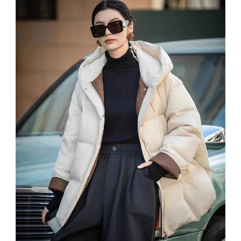 Schinteon Women Down Jacket Casual Loose Over Size Warm Autumn Winter Outwear White Duck Down with Hood Fashion Maternity Coat