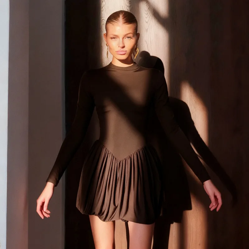 Tornova elegante plissado mini vestido feminino volta oco abotoado vestido de cintura alta manga longa moda feminina vestido de festa de deslocamento