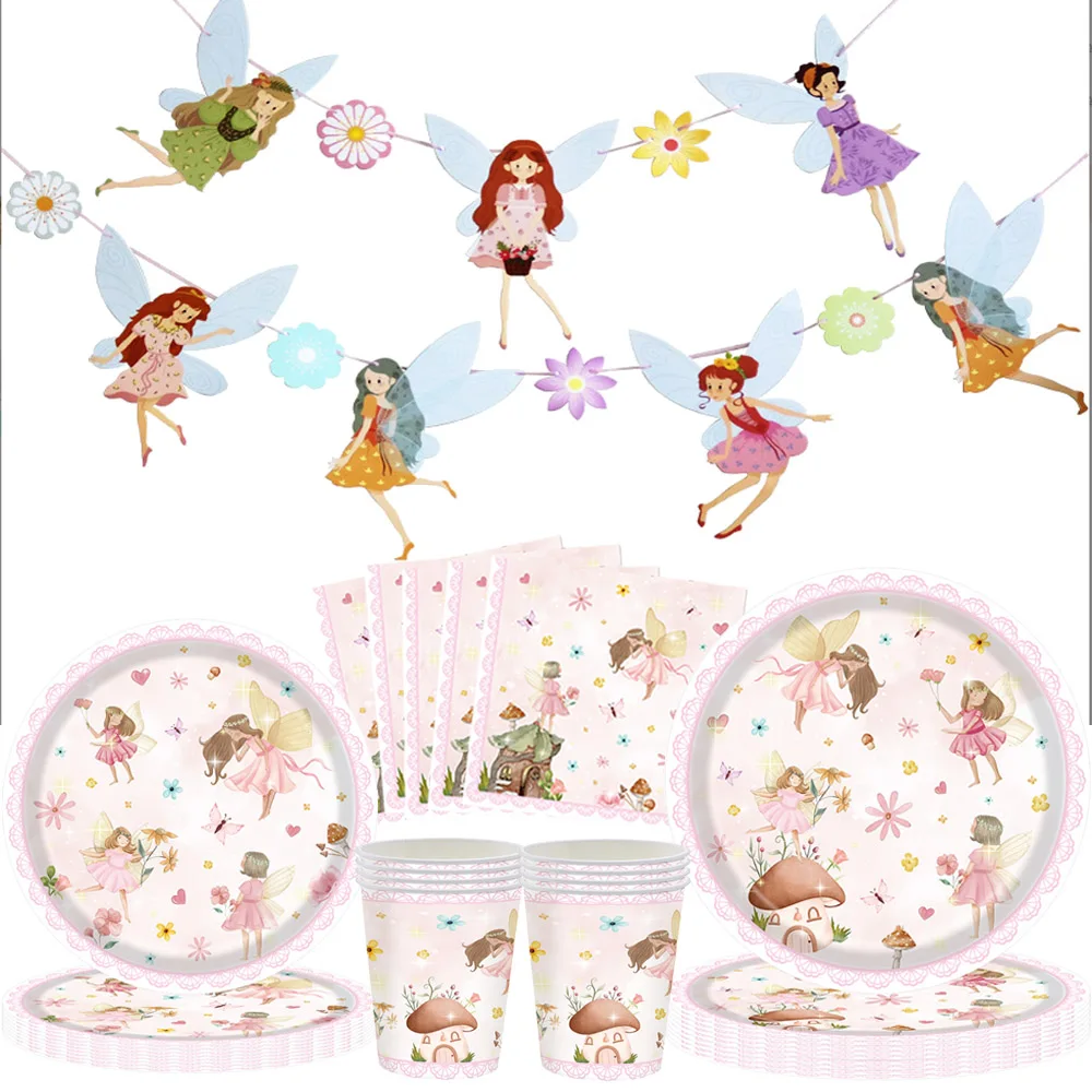 Articles de fête féeriques pour anniversaire de fille, thème fées enchantées, décoration de fête prénatale, vaisselle jetable à thème floral de jardin