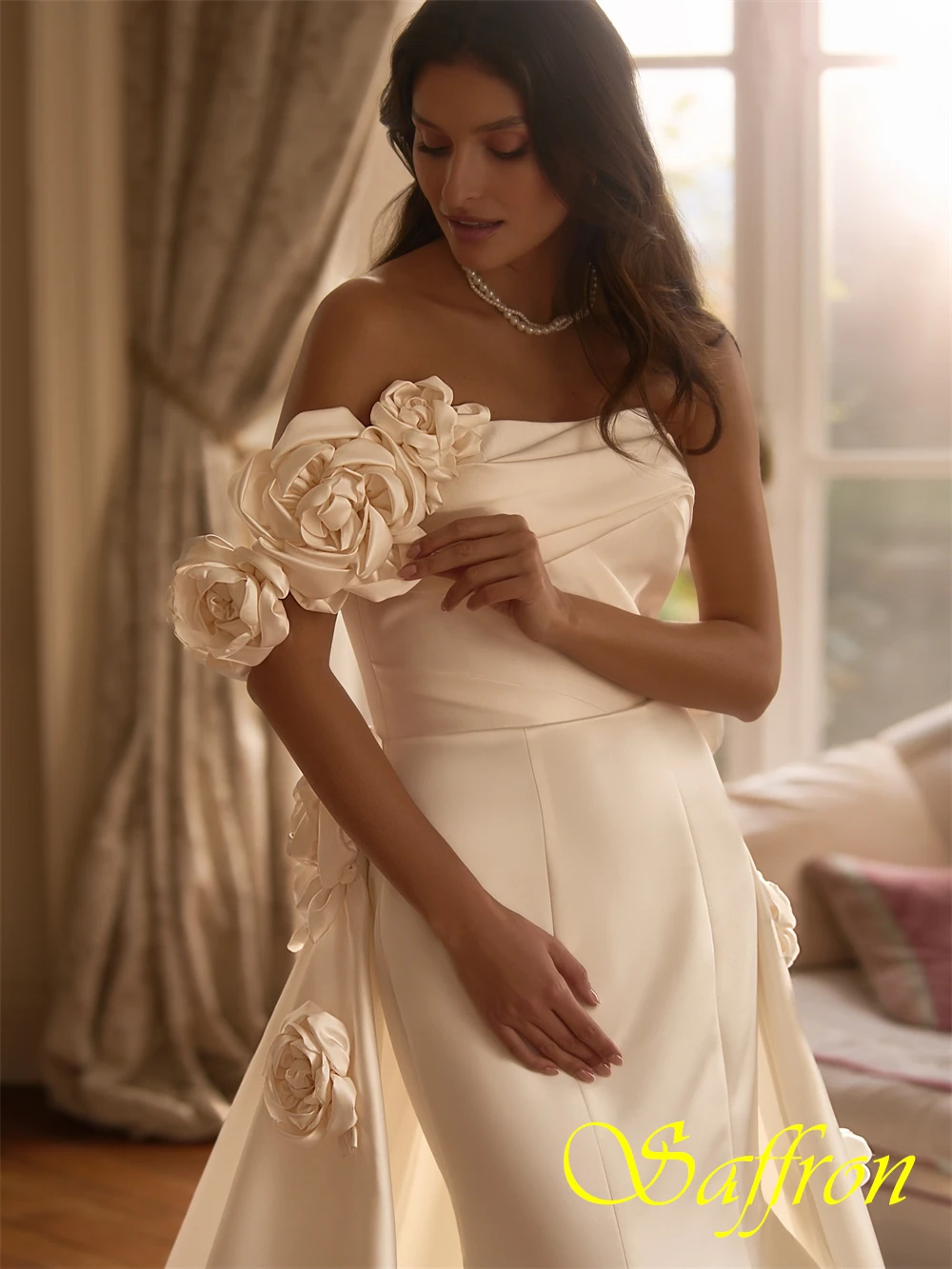 فستان سهرة رائع من الساتان بدون حمالات مخصص، فساتين زفاف حورية البحر رشيقة، فساتين مناسبة خاصة على شكل زهور