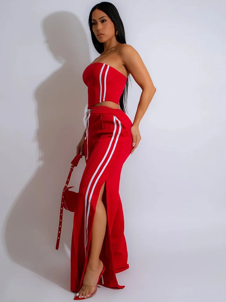 Neeleywall Casual Red Lines Strapless Set Womens Striped Tirm Tube Wide Legs Pants Set 2 Piece Outfits Active Set Club Overalls