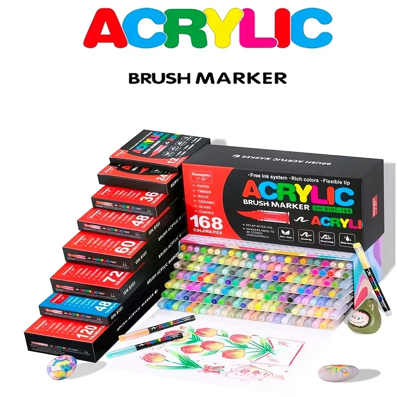 Acrylic Paint Markers,Waterproof Brush Tip Pen for Art Supplies Quick Dry,High Coverage,Strong Adhesion,Large Area Coloring,Works on Multi Surface,Ideal for Artists Beginners Craft Lovers