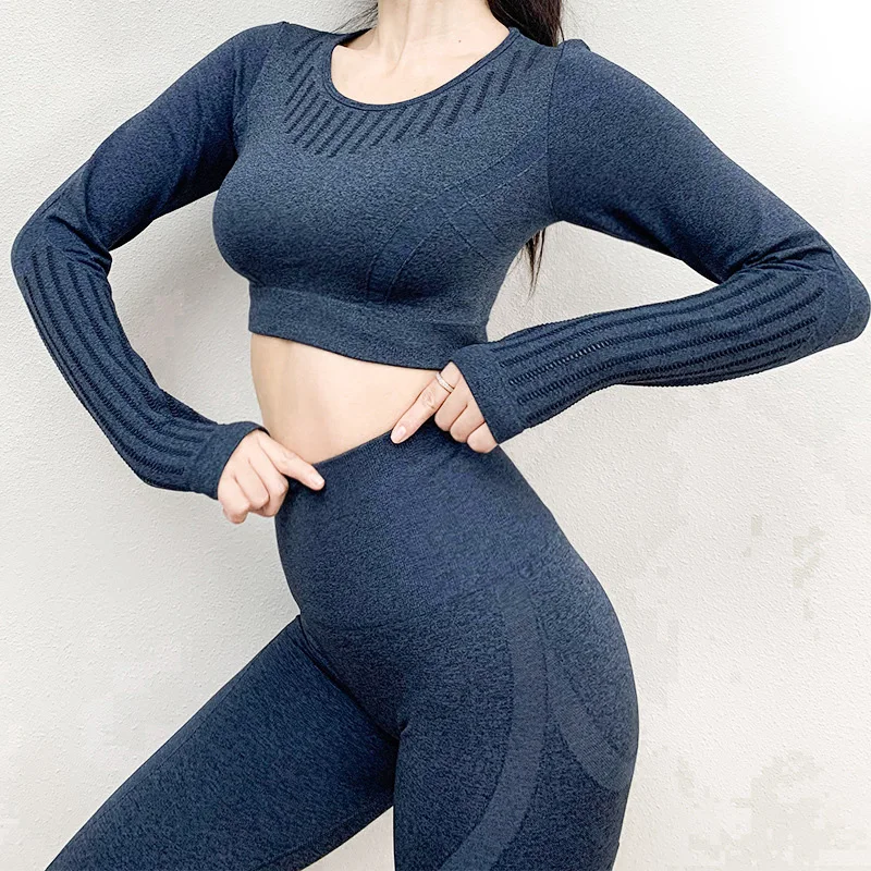 Seamless Women Yoga Set Workout Sportswear Gym Clothing Sport Set Hight Waist Seamless Leggings Fitness Sport Long Sleeve Top