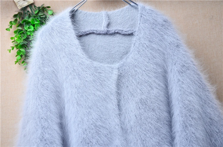 Female Women Fall Winter Thick Warm Grey Hairy Mink Cashmere Knitted Half Sleeves Loose Cardigans Angora Sweater Jacket Coat Top