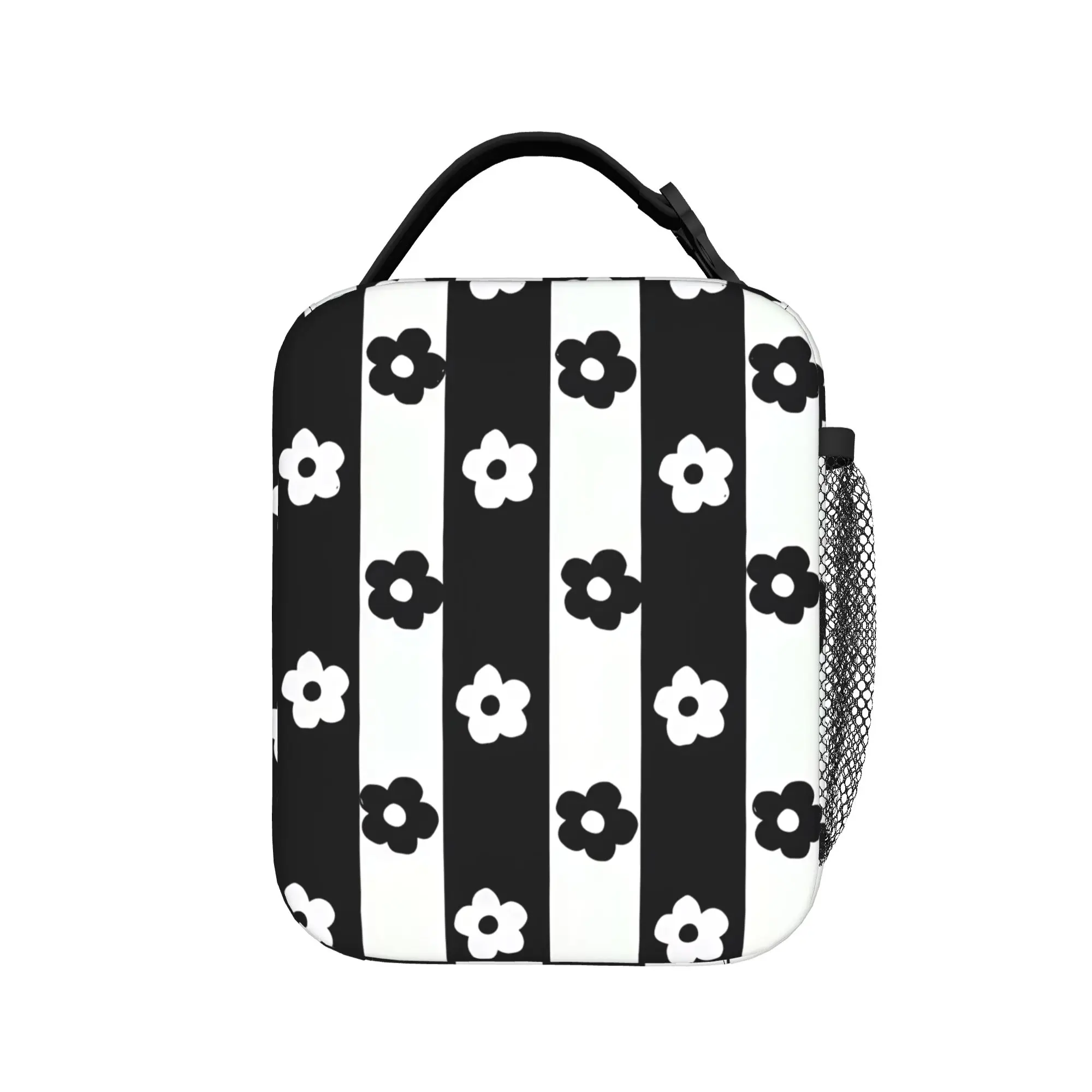 Monochrome Daisy Stripes Lunch Bag For Men  Print Office Lunch Box Vintage Portable Zipper Oxford Cooler Bag