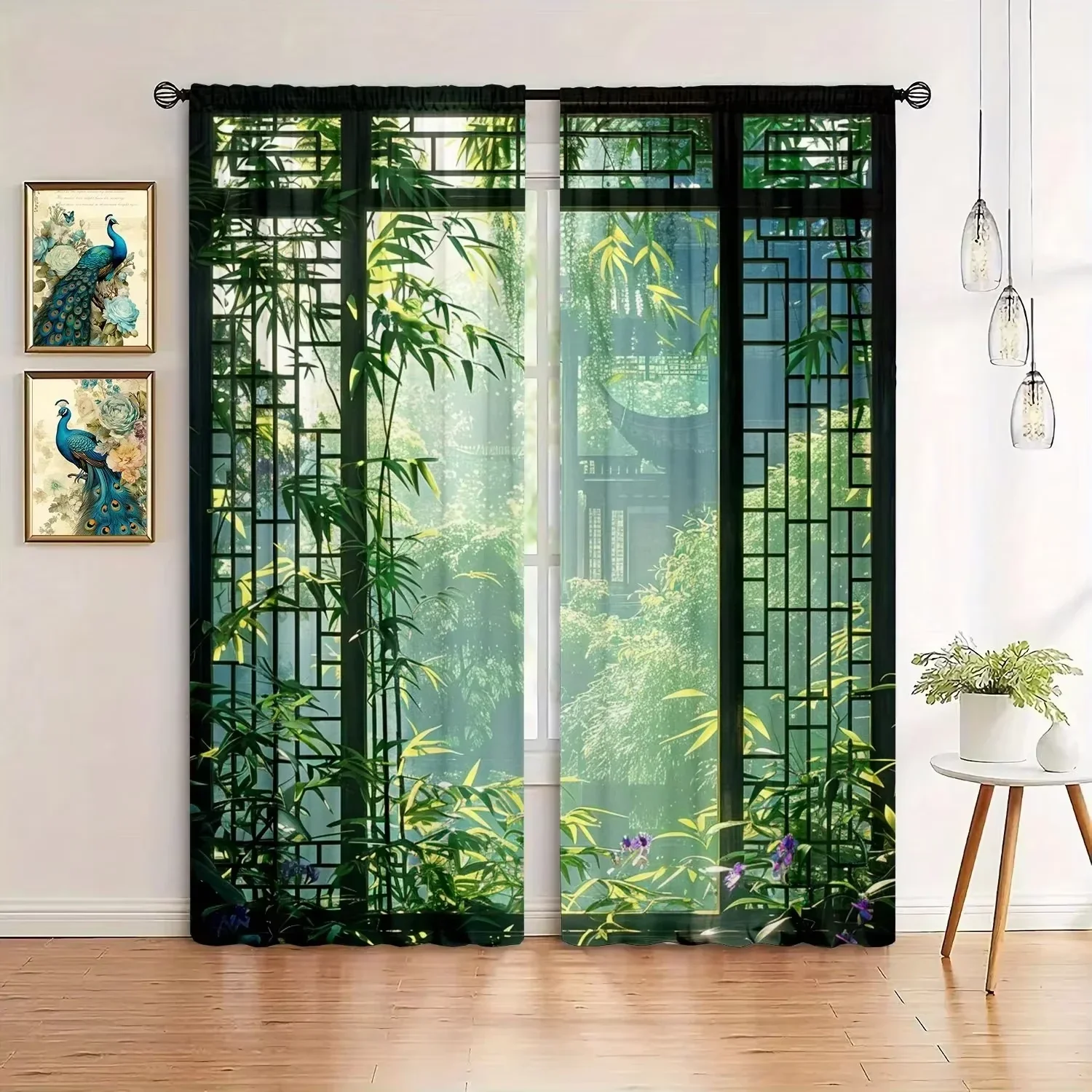 Decorative Bamboo Curtain Set 2pcs Green Tropical Nature Privacy Window Screen Asian Style Living Room Drapes Filtering Curtains