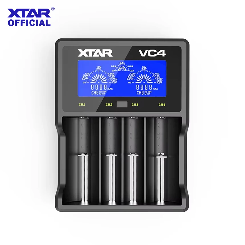 

XTAR VC4 Charger – LCD Display for Charging 3.6/3.7V Li-ion & 1.2V AAA/AA Batteries (Compatible with 10400-32650, 21700 Cells)