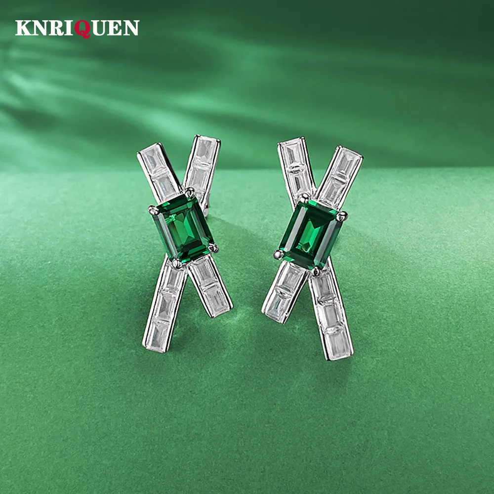 Retro 100% 925 Sterling Silver 6*8mm Emerald Lab Diamond X-Shaped Stud Earrings for Women Gemstone Party Wedding Fine Jewelry