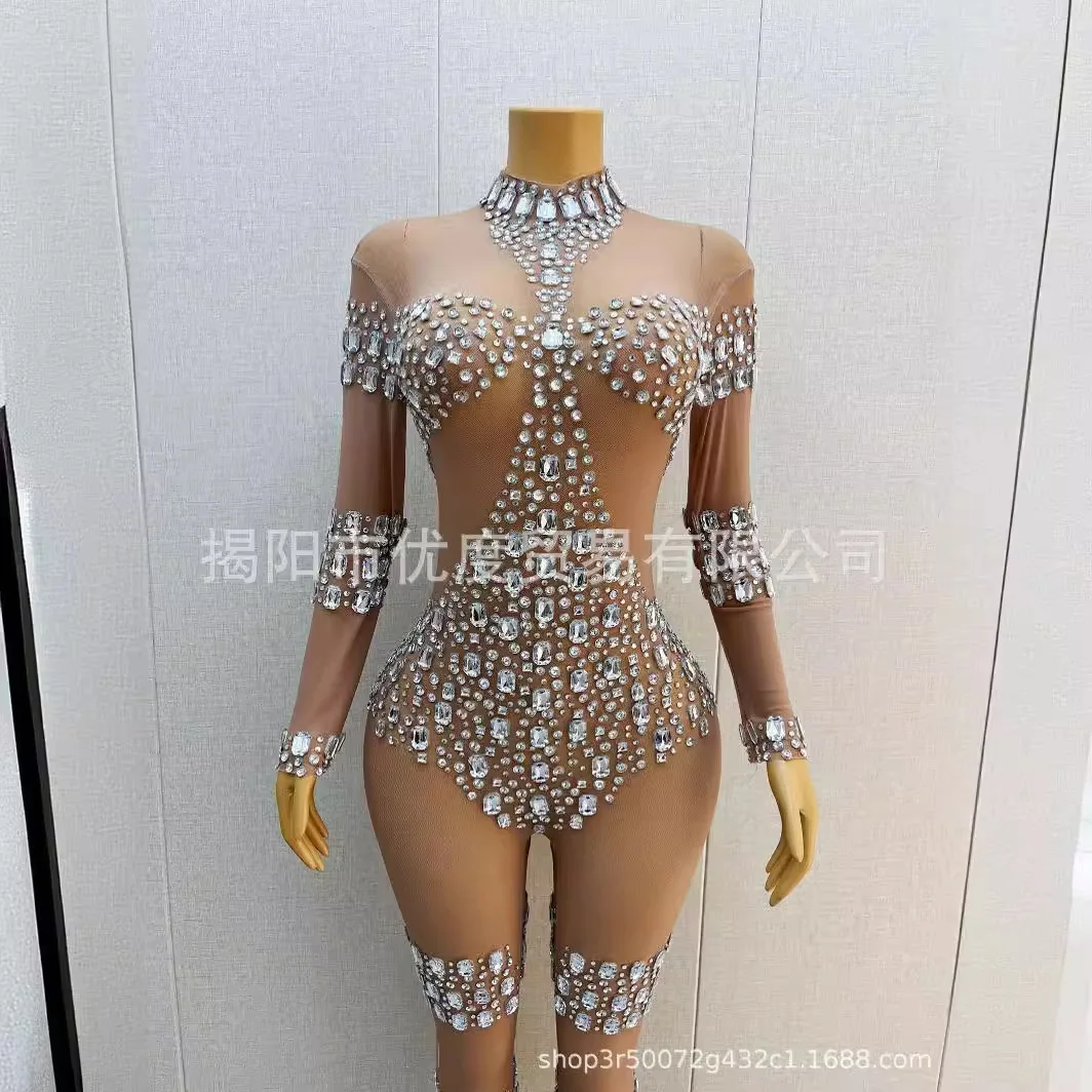 Personalized Perspective Jumpsuit Mesh Glam Tight Rhinestone Singer Night Reception Party Costume Shield Vestidos Festa Luxuosos