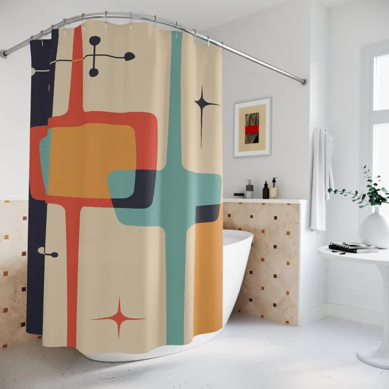 Mid Century Modern Atomic Starburst Shower Curtains, Geometric Teal Blue Mustard Yellow Cream MCM Bath Curtains Retro Bathroom