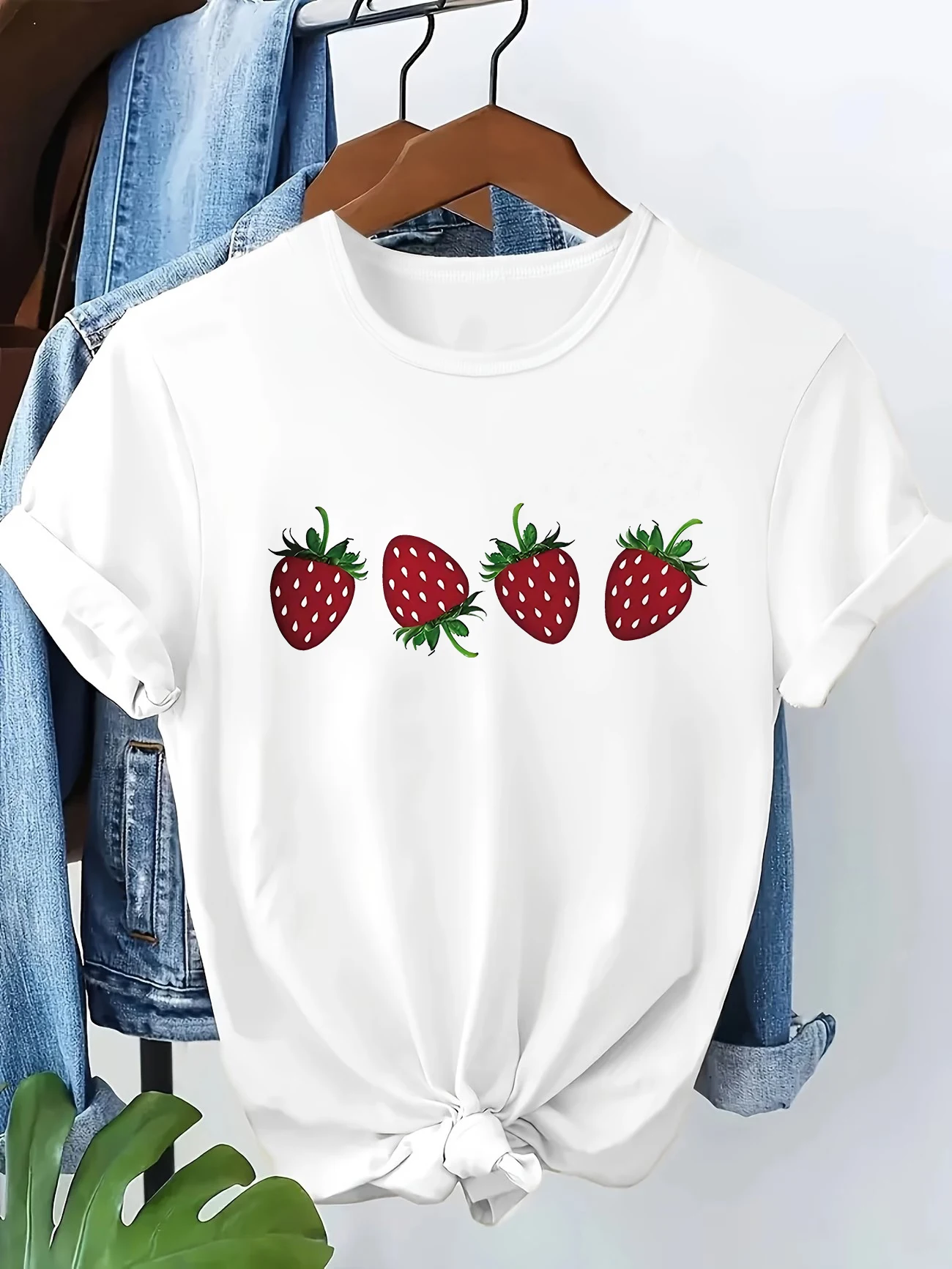 Süßes Modisches Erdbeer-Print Kurzarm-T-Shirt für Damen Rundhals Lässiges Sommer Atmungsaktives T-Shirt