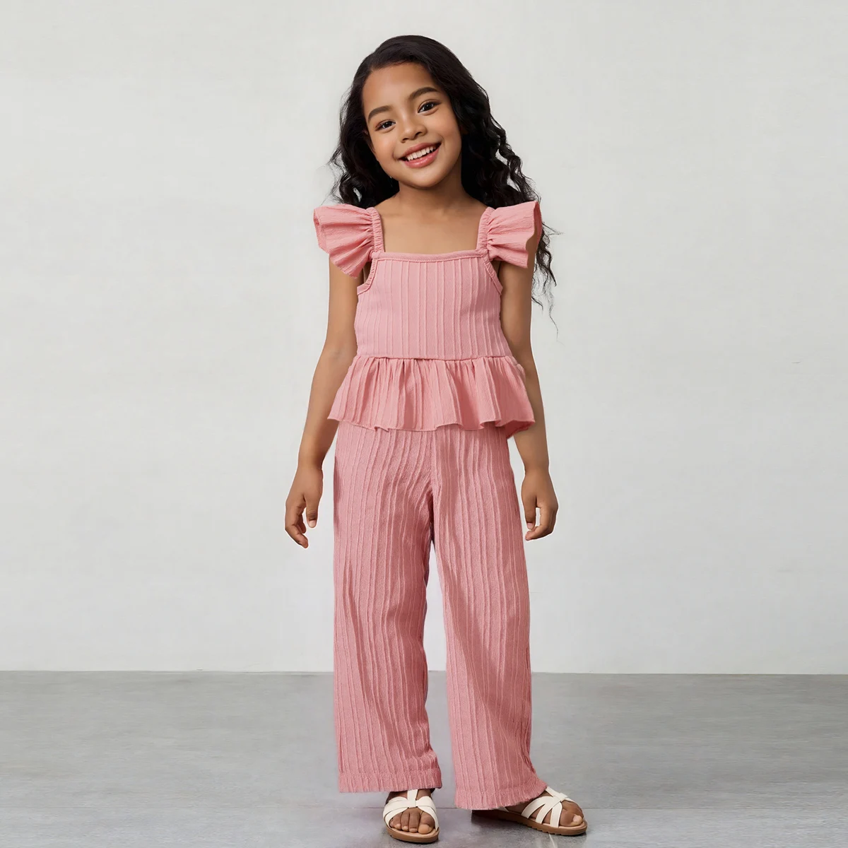 Girls' 2Pcs Sets Kids Summer Solid-Colour Sleeveless Comfort Top with Casual Trousers Stylish and Versatile Two-Piece Ensemble