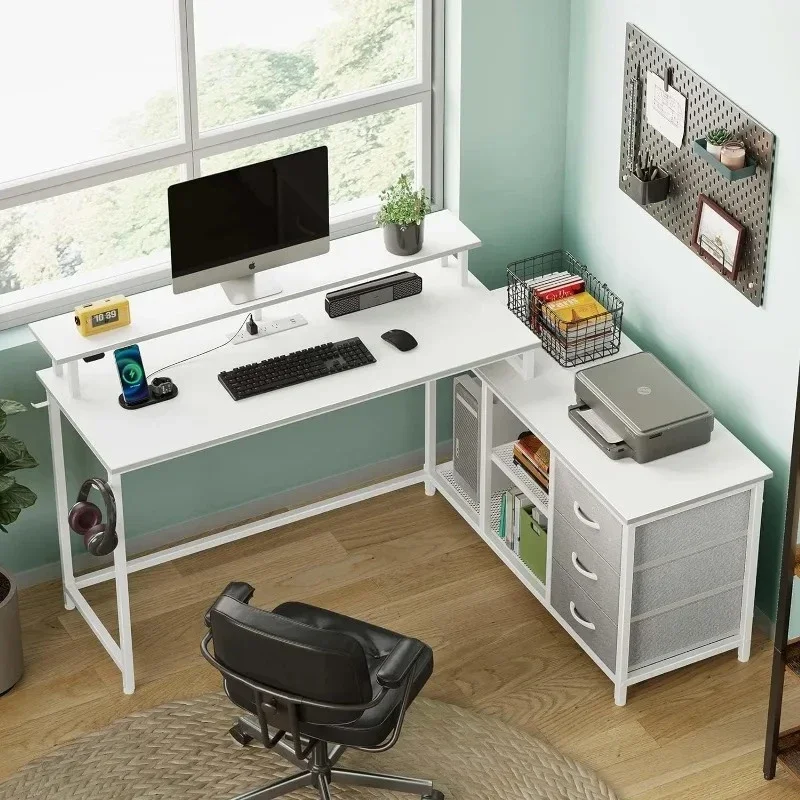 

L Shaped Computer Desk with Drawers, Reversible Gaming Desk with LED Lights & Charging Port, Corner Desk with Storage Shelves