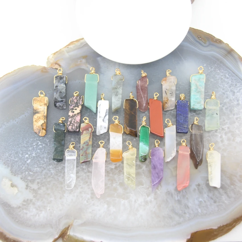 

Healing Crystal Slice Pendants Brass Wire Wrap Natural Stone Raw Quartz Rock Stick Charms Necklace Earrings Jewelry Making