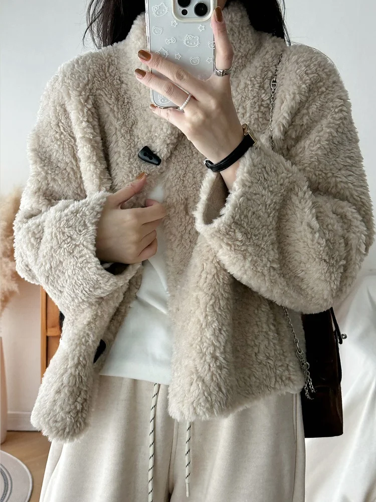 

Ah Bing Bin Women's ort Lamb Fur Jaet Casual Loose Wool Blend Korean Sle Winter New Arrival Button Front Coat