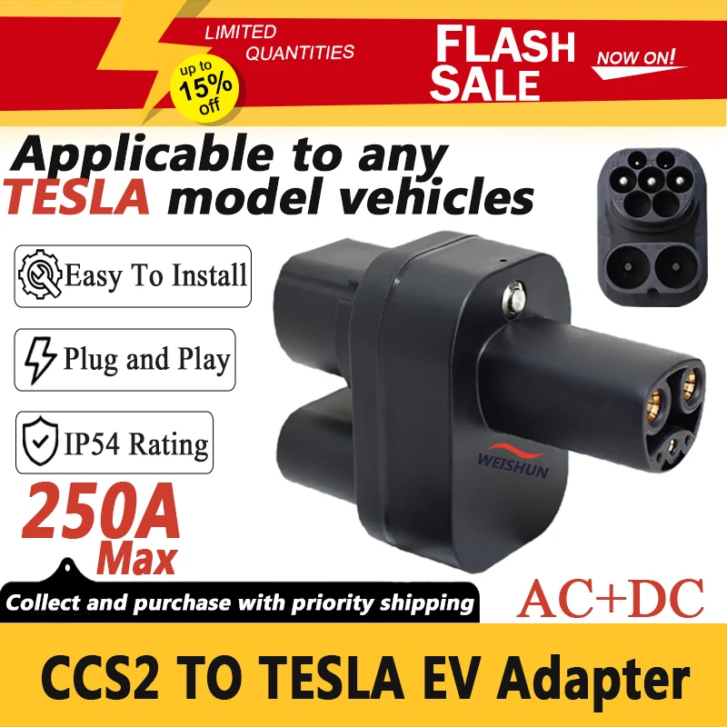 15% Discount CCS2 To Tesla DC+AC EV Adapter TPC Connector 250A 1000V 250KW NACS Model Y/S/3/X