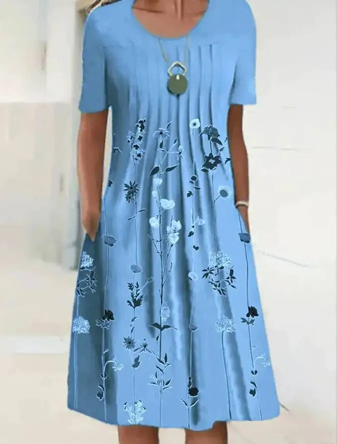 Mode Lässig Lose 2025, Neue Frühjahr Und Sommer frauen Elegante Große Rock Rundhals Gedruckt Kurzen ärmeln Kleid 3T9Z