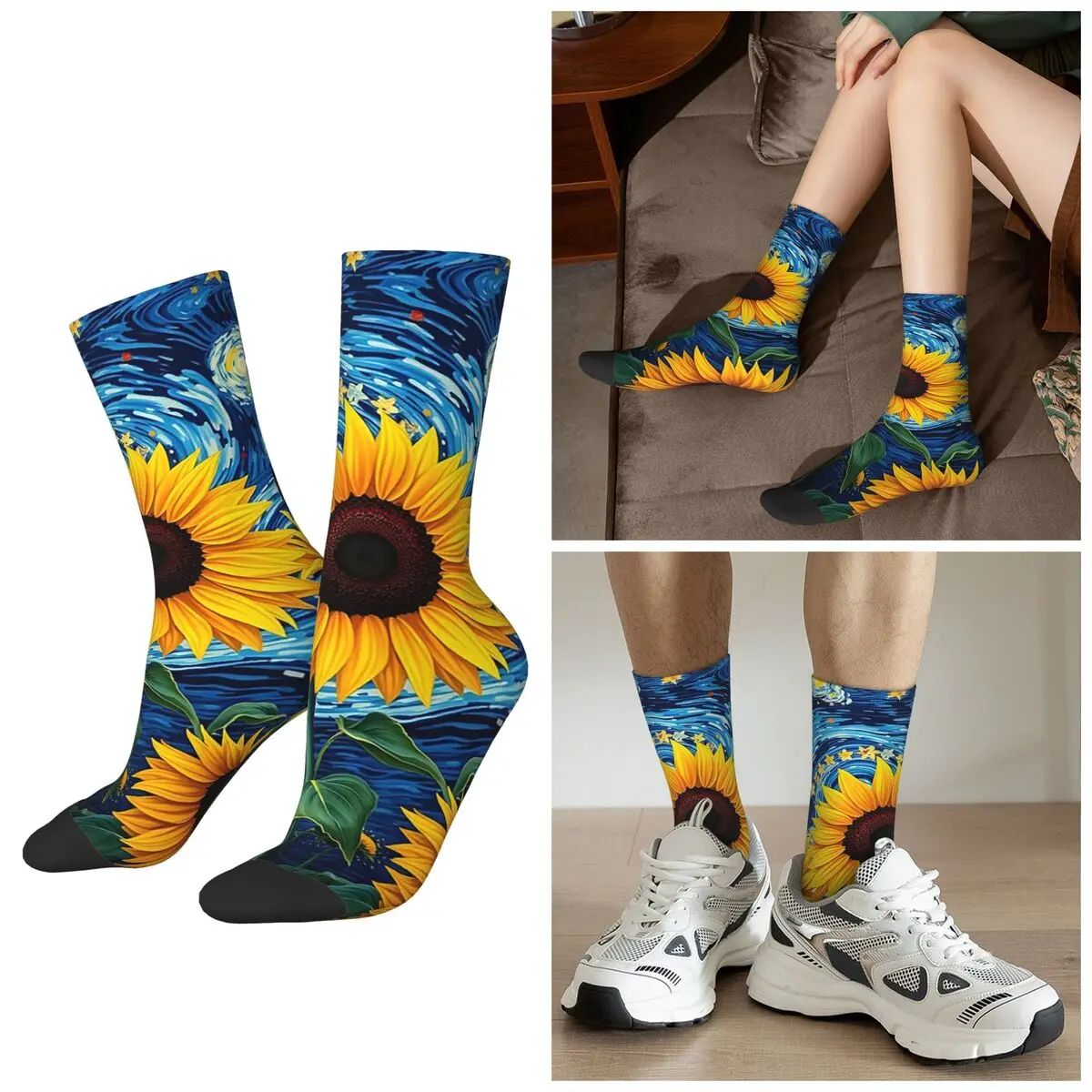 

All Seasons Enchanted Sunflowers Under A Starry Sky Fantasy Art Socks Harajuku Crew Socks Sweat Absorbing Stockings