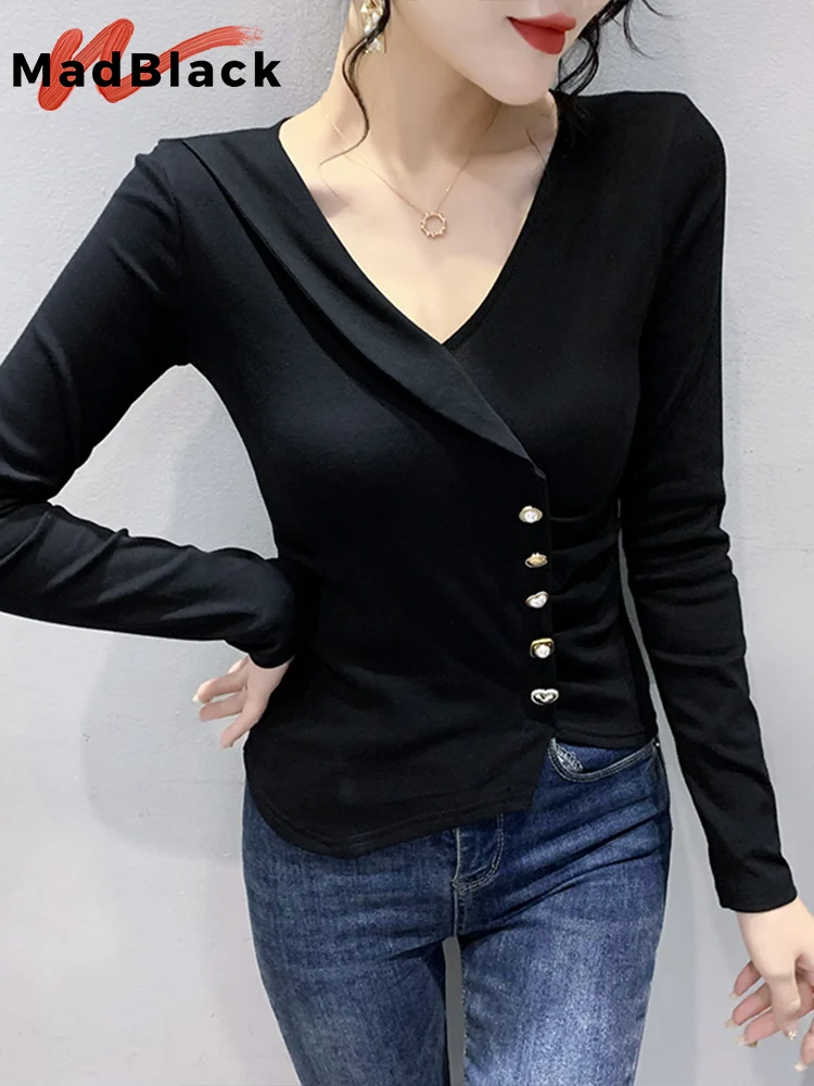 

MadBlack Spring T-Shirt Sexy Irregular Women Plain Long Sleeves Ruched Button Stretchy Tops Bottoming Shirt Tees New FallT32519Z