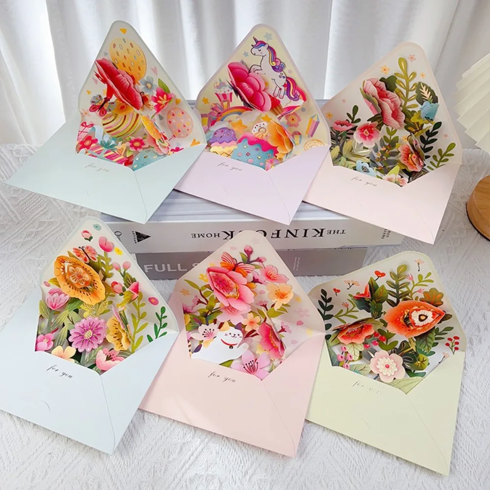 3D Pop-up Birthday Christmas Card Paper Romantic Flower Greeting Cards Valentines Gifts with Envelope Flowers Postcard