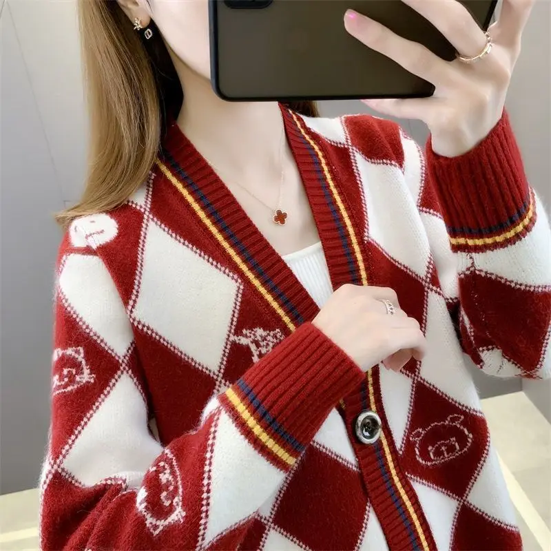 Knitted Cardigan Women's Spring and Autumn High quality 2023 Slimming Diamond Multi-Color Coat Fashion Female Jacket