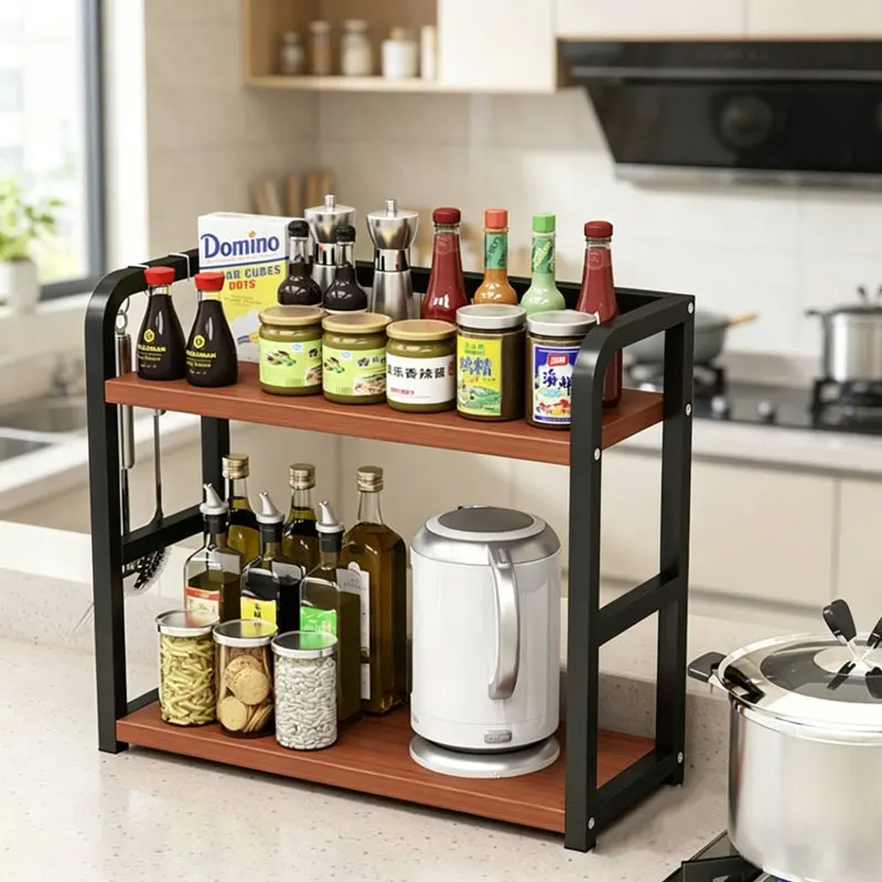 2-Tier Metal Countertop Rack Kitchen Storage Rack Space-Saving Multifunctional Rust-proof Rack for Cups and Condiments