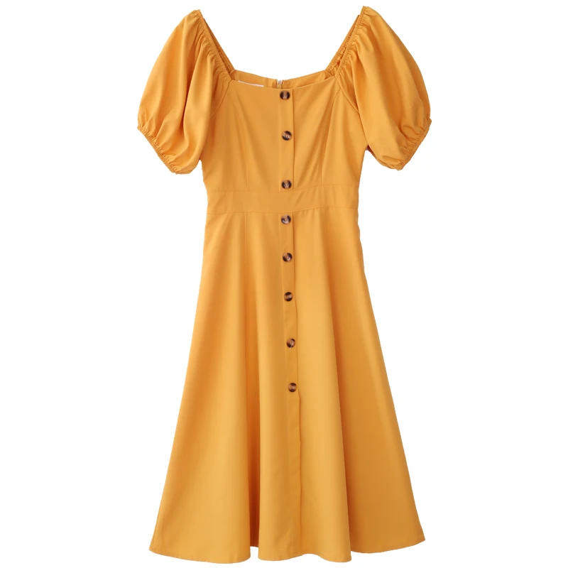 Summer Yellow Solid Puff Sleeve Button Party Midi Dress Women 2021 Vintage Elegant French Holiday Boho Beach Slim Bodycon Dress