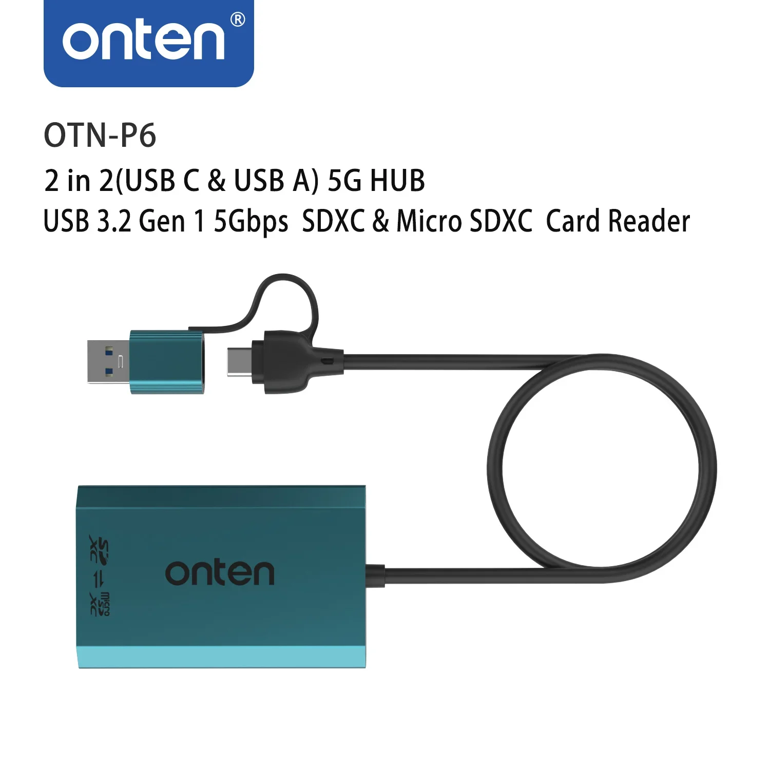 ONTEN OTN-P6 2 in 2(USB C & USB A) 5G HUB USB 3.2 Gen 1 5Gbps SDXC & Micro SDXC Card Reader