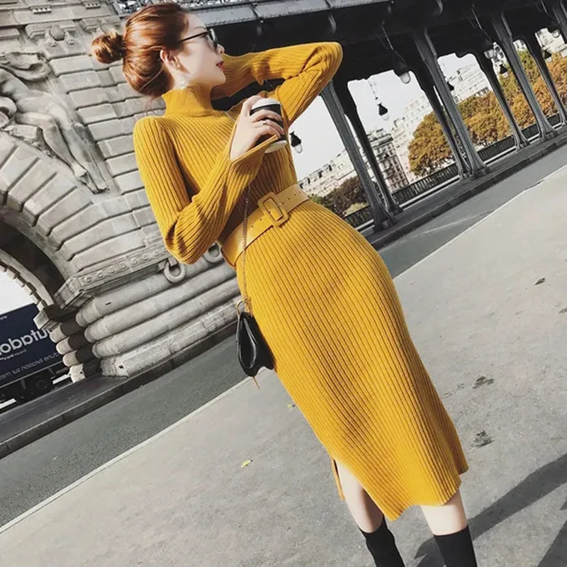 

Yellow Belt Knitting Dress Women Autumn Winter Fashion Elegant Slim Turtleneck Long Sleeves Midi Dress Korean Casual Solid Dress