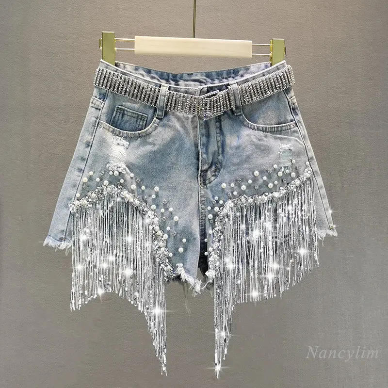 Heavy Beaded Sequin Fringed Ripped Denim Shorts Women 2023 Summer Wear New High Waist Slimming Wide Leg Hot Pants Tassel Shorts