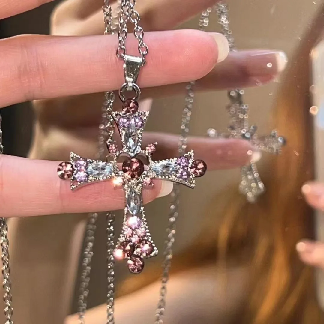 Fashion Pink Crystal Cross Pendant Necklace for Women 2023 Trendy Girl Bling Crystal Chain Necklace The Spice Girl Party Jewelry