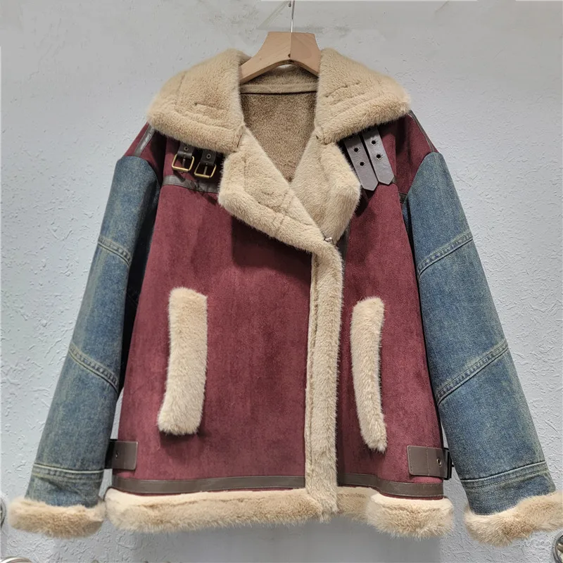 Giacca di jeans patchwork ispessita di design SuperAen per le donne Autunno e inverno 2026 Cappotti con colletto rovesciato incrociato di nuova moda