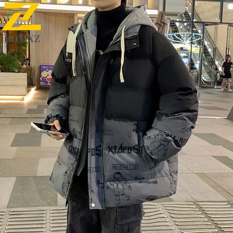 

COMXZ Мужская стеганая куртка 2025 с капюшоном для поездок на работу, офисное ветрозащитное теплое пальто, повседневное градиентное дизайнерское зимнее пальто с защитой от холода
