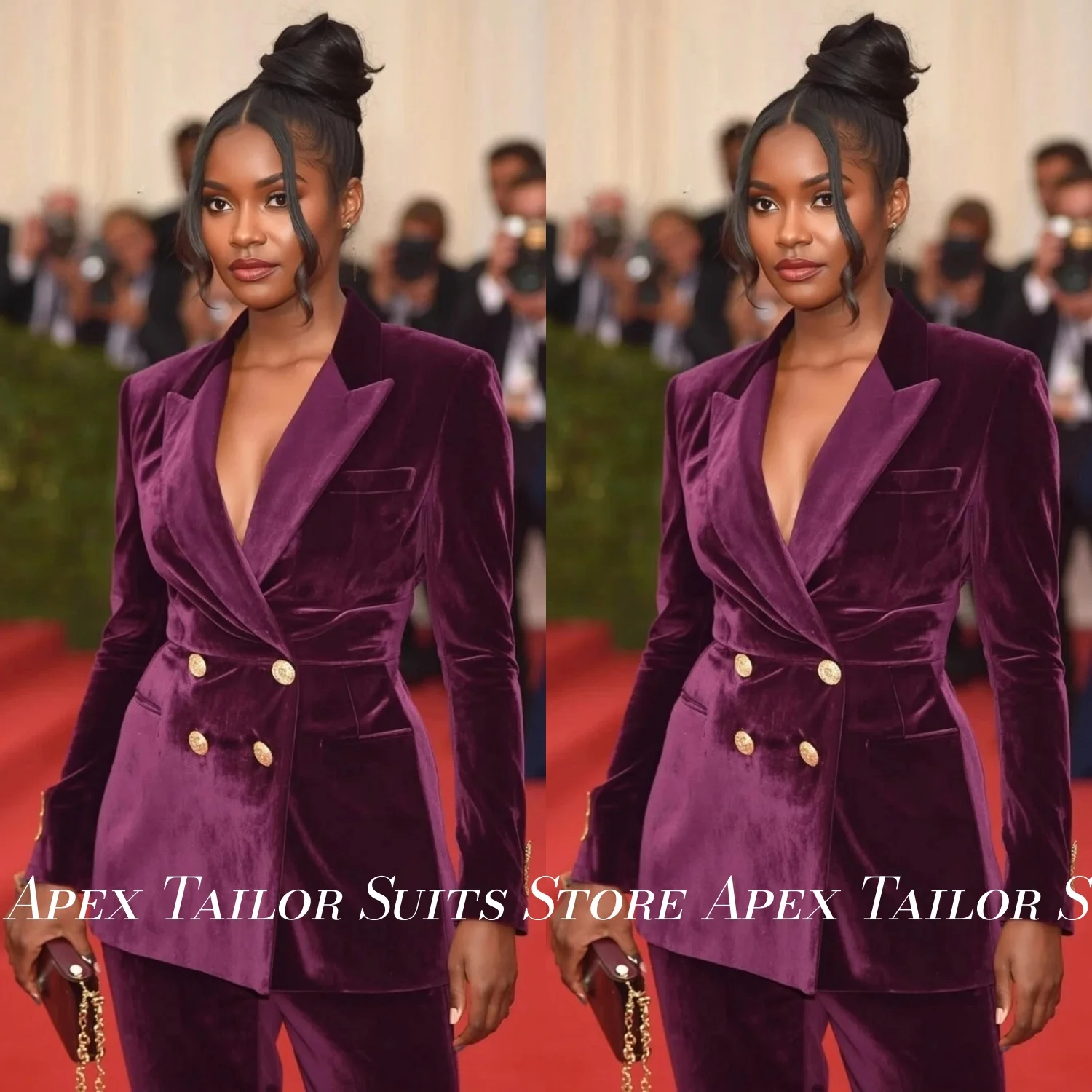 Elegant Velvet Women Suit 2 Piece Dark Purple Double Breasted Peak Lapel Blazer Pants Set Wedding Prom Formal Party Work Wear