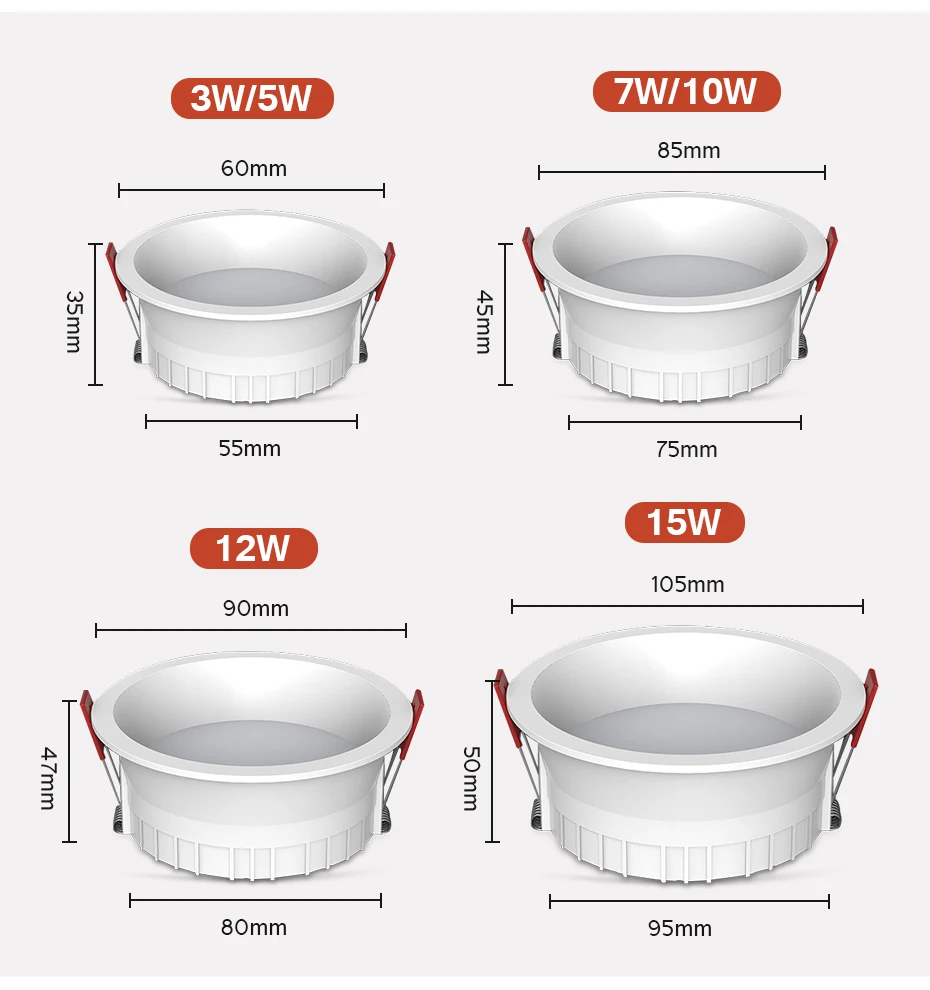 Anti-reflexo embutido LED Downlights, luzes de teto reguláveis, lâmpadas de fundo, iluminação interior, 3W, 5W, 7W, 10W, 12W, 15W, 220V, 110V