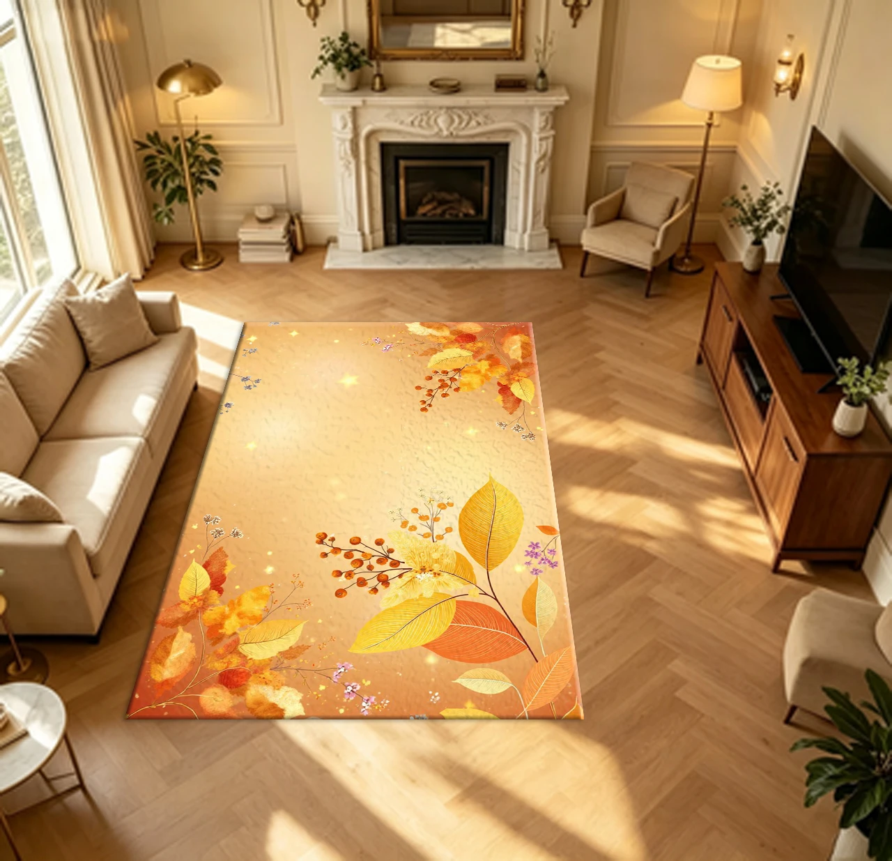 Autumn Fall Golden Leaf Berry Carpet Flooring Warm Seasonal Floral Art Household Indoor Decor Large Area Rug