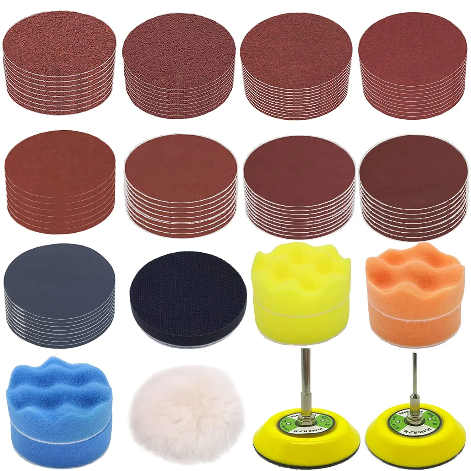 102Pcs 3 Inch Granular Sandpaper With Rear Plate Rod  Soft Foam Cushion And Polishing Pad Wooden Jewelry Metal Car Kit