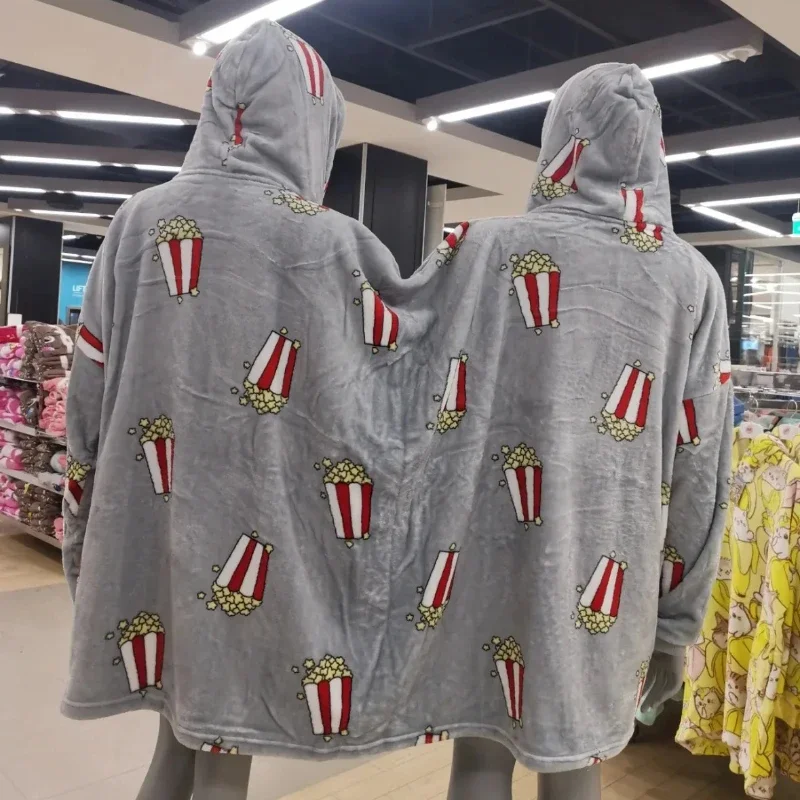 Nuovi amanti Doppio Snuddie Popcorn Coppia Pigiama Autunno Inverno Peluche Coperta con cappuccio Taglia unica per adulti