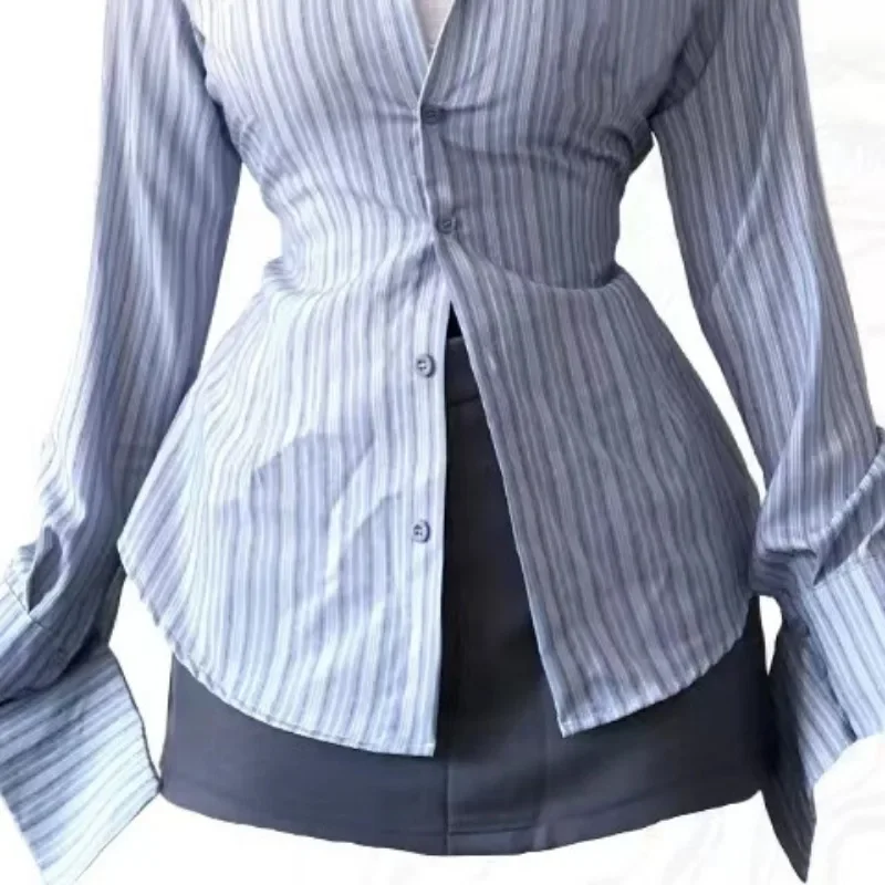 2000s Fairycore Striped Long Sleeve Chic Fashion Women Blouse Slim All Match Solid Skirts Autumn New 2 Set Ropa Mujer